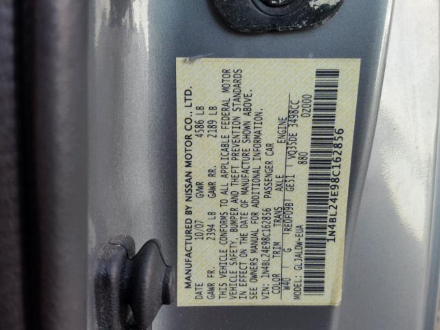 1N4BL24E98C162856 - 2008 NISSAN ALTIMA 3.5 GRAY photo 10