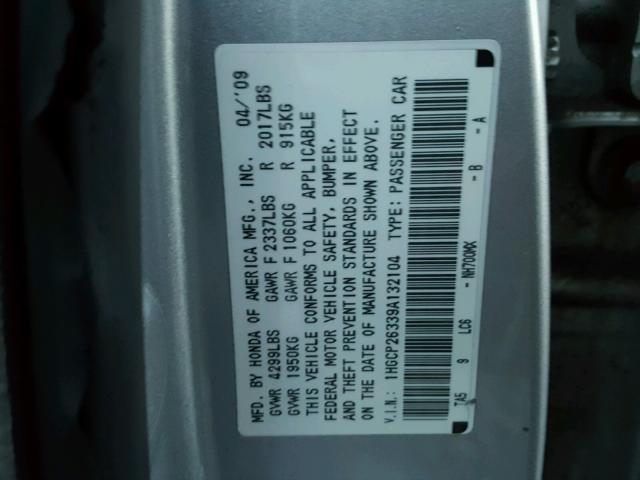 1HGCP26339A132104 - 2009 HONDA ACCORD LX SILVER photo 10