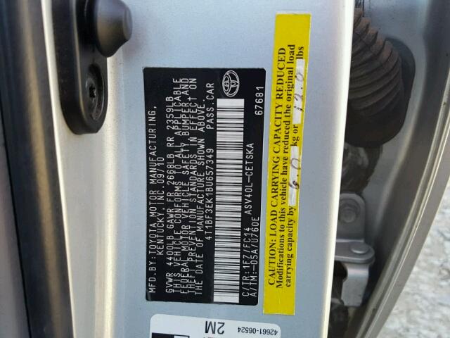 4T1BF3EK1BU657349 - 2011 TOYOTA CAMRY BASE SILVER photo 10