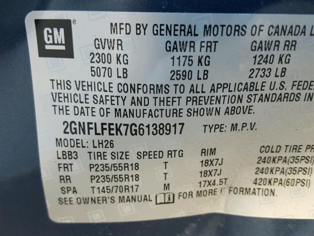 2GNFLFEK7G6138917 - 2016 CHEVROLET EQUINOX LT BLUE photo 10