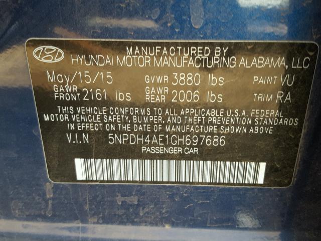 5NPDH4AE1GH697686 - 2016 HYUNDAI ELANTRA SE BLUE photo 10