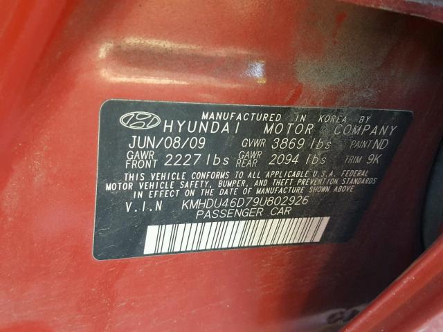 KMHDU46D79U802926 - 2009 HYUNDAI ELANTRA GL RED photo 10