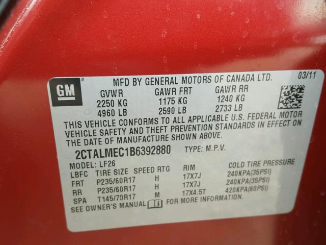 2CTALMEC1B6392880 - 2011 GMC TERRAIN SL RED photo 10