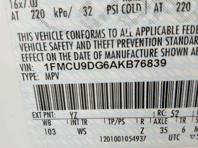 1FMCU9DG6AKB76839 - 2010 FORD ESCAPE XLT WHITE photo 10