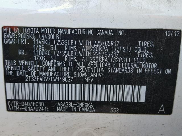 2T3ZF4DV7CW149637 - 2012 TOYOTA RAV4 WHITE photo 10