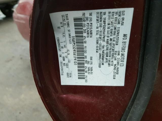 1FAFP53295A179131 - 2005 FORD TAURUS SE BURGUNDY photo 10