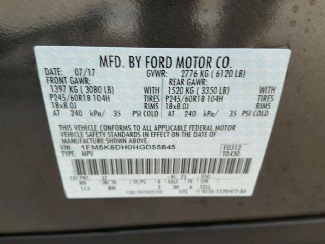 1FM5K8DH0HGD55845 - 2017 FORD EXPLORER X GRAY photo 10