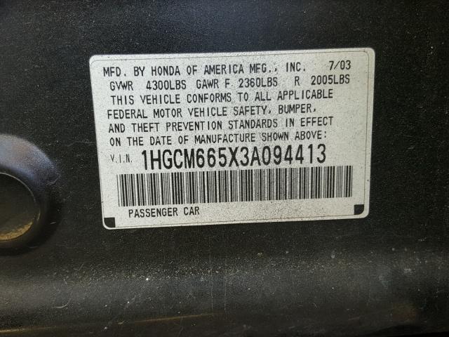 1HGCM665X3A094413 - 2003 HONDA ACCORD EX BLACK photo 10