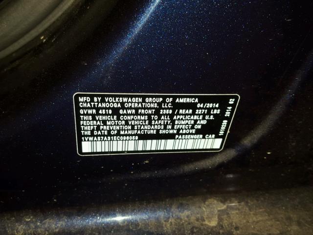 1VWAS7A31EC096059 - 2014 VOLKSWAGEN PASSAT S ლურჯი ფოტო 10