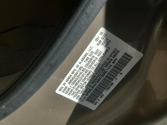 5FNRL3H47AB078060 - 2010 HONDA ODYSSEY EX GOLD photo 10