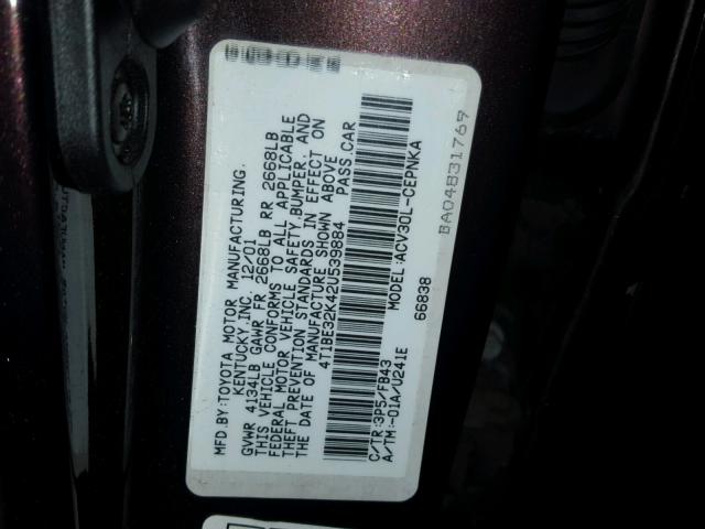 4T1BE32K42U539884 - 2002 TOYOTA CAMRY LE იასამნისფერი ფოტო 10