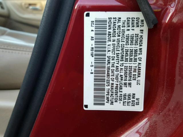 5FNRL18944B012375 - 2004 HONDA ODYSSEY EX BURGUNDY photo 10