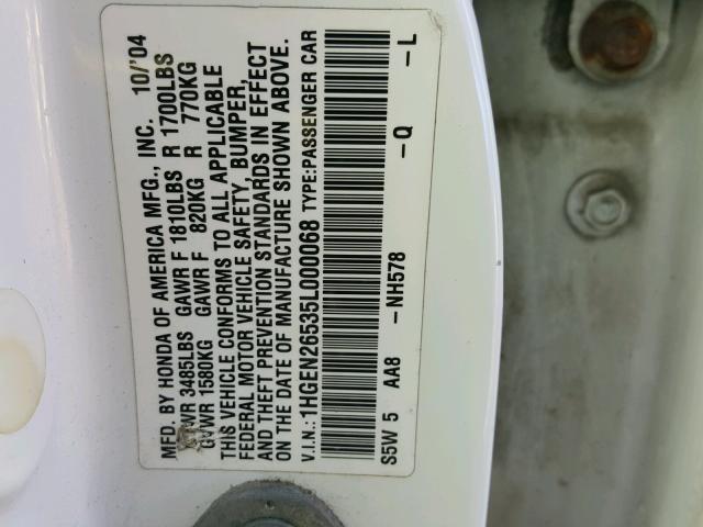 1HGEN26535L000068 - 2005 HONDA CIVIC GX WHITE photo 10