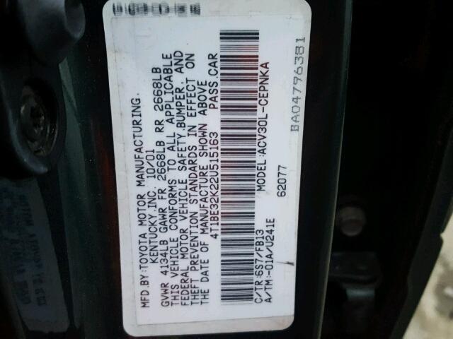4T1BE32K22U515163 - 2002 TOYOTA CAMRY LE 绿色 照片 10