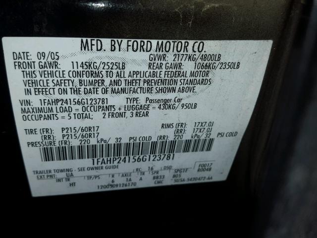 1FAHP24156G123781 - 2006 FORD FIVE HUNDR BLACK photo 10