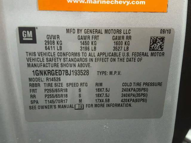 1GNKRGED7BJ193528 - 2011 CHEVROLET TRAVERSE L SILVER photo 10