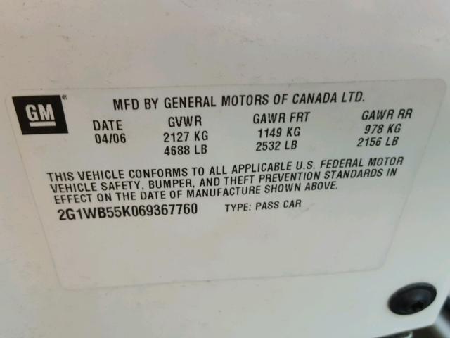 2G1WB55K069367760 - 2006 CHEVROLET IMPALA LS WHITE photo 10