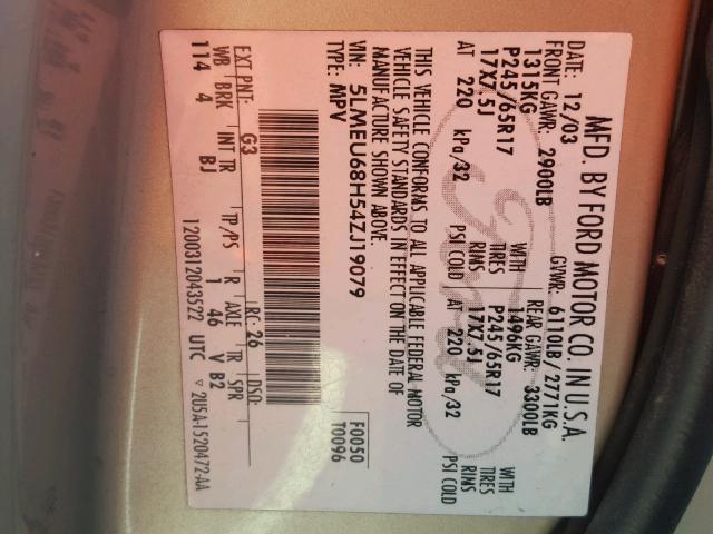 5LMEU68H54ZJ19079 - 2004 LINCOLN AVIATOR 金色 照片 10