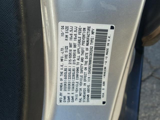 SHSRD78885U305262 - 2005 HONDA CR-V EX SILVER photo 10