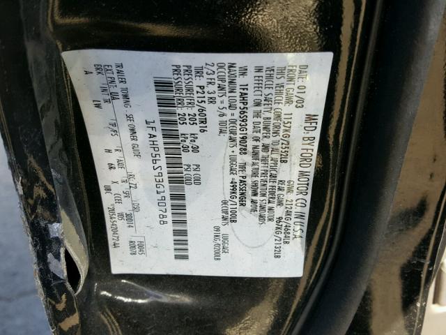 1FAHP56S93G190788 - 2003 FORD TAURUS SEL BLACK photo 10