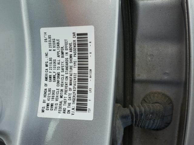 1HGCR2F82FA024932 - 2015 HONDA ACCORD EXL GRAY photo 10