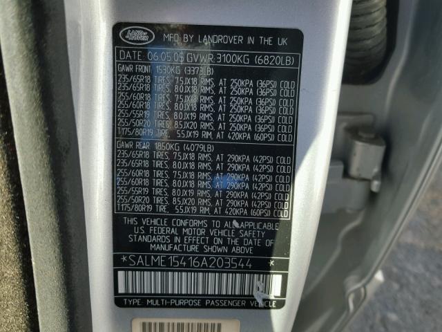 SALME15416A203544 - 2006 LAND ROVER RANGE ROVE SILVER photo 10