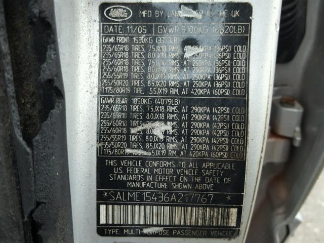 SALME15436A217767 - 2006 LAND ROVER RANGE ROVE SILVER photo 10