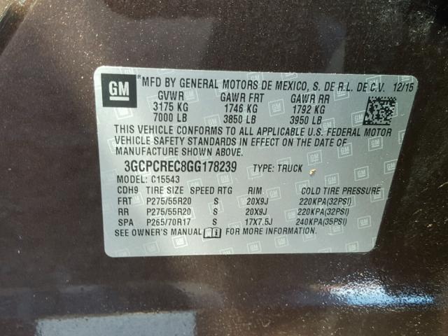 3GCPCREC8GG178239 - 2016 CHEVROLET SILVERADO BROWN photo 10