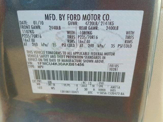 1FMCU4K30AKB81456 - 2010 FORD ESCAPE HYB BLUE photo 10