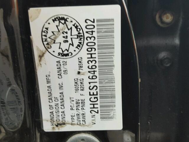 2HGES16463H903402 - 2003 HONDA CIVIC DX BLACK photo 10