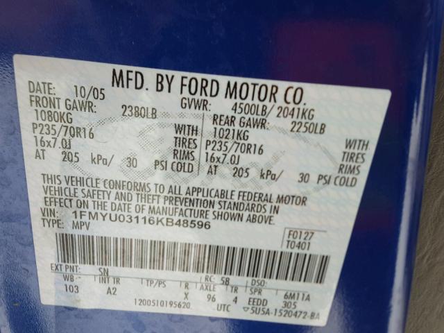 1FMYU03116KB48596 - 2006 FORD ESCAPE XLT BLUE photo 10