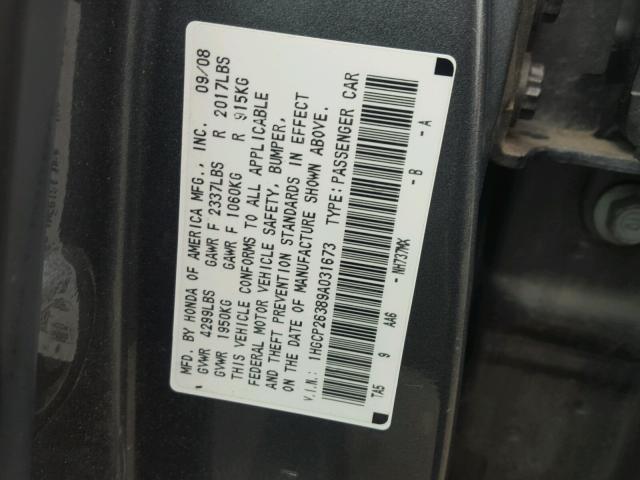 1HGCP26389A031673 - 2009 HONDA ACCORD LX GRAY photo 10