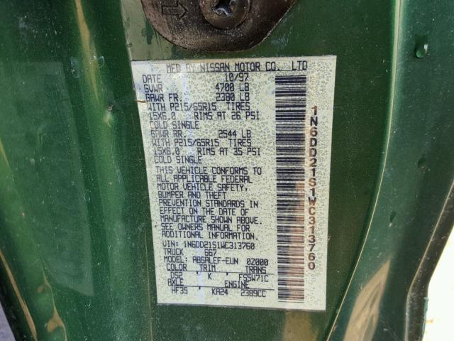 1N6DD21S1WC313760 - 1998 NISSAN FRONTIER X GREEN photo 10