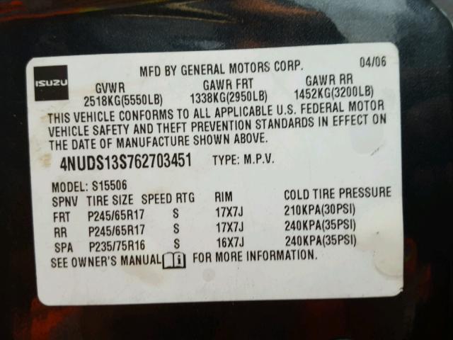 4NUDS13S762703451 - 2006 ISUZU ASCENDER S 黑色 照片 10