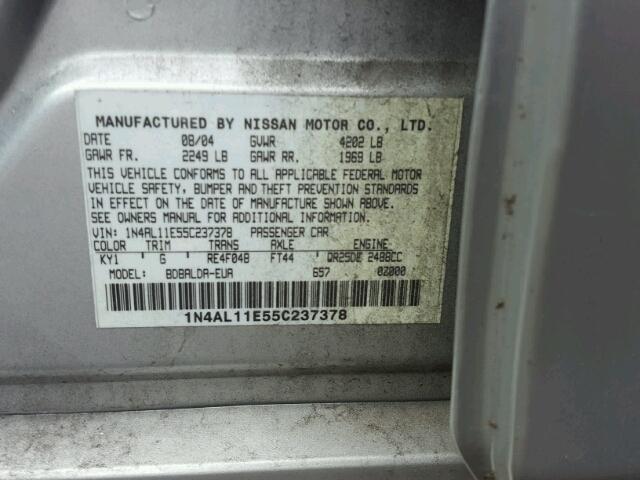 1N4AL11E55C237378 - 2005 NISSAN ALTIMA S SILVER photo 10