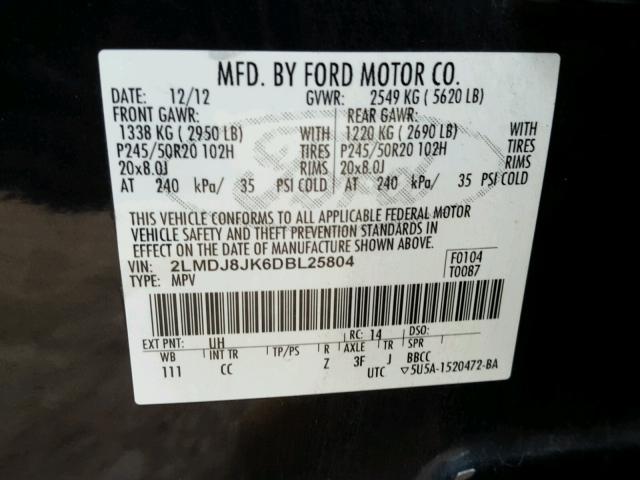 2LMDJ8JK6DBL25804 - 2013 LINCOLN MKX BLACK photo 10