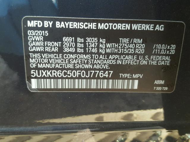 5UXKR6C50F0J77647 - 2015 BMW X5 XDRIVE5 BLUE photo 10