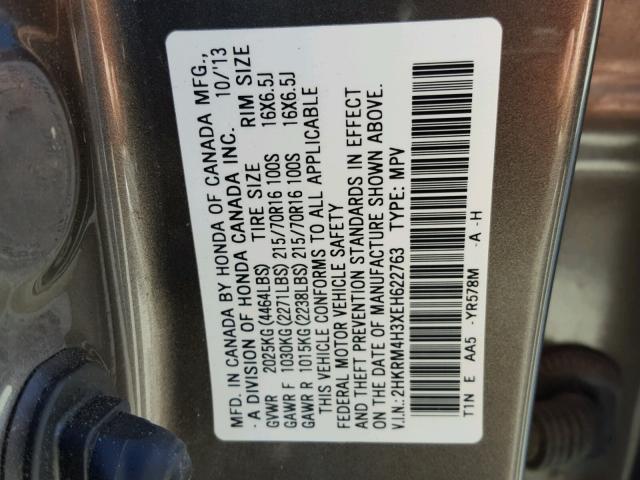 2HKRM4H3XEH622763 - 2014 HONDA CR-V LX GRAY photo 10