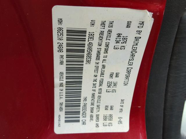 1B3EL46X05N685301 - 2005 DODGE STRATUS SX RED photo 10