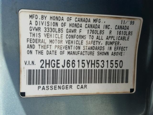 2HGEJ6615YH531550 - 2000 HONDA CIVIC BASE GREEN photo 10