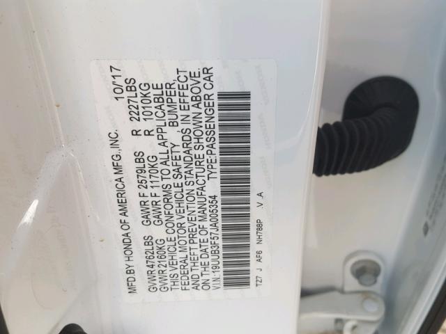 19UUB3F57JA005354 - 2018 ACURA TLX TECH WHITE photo 10