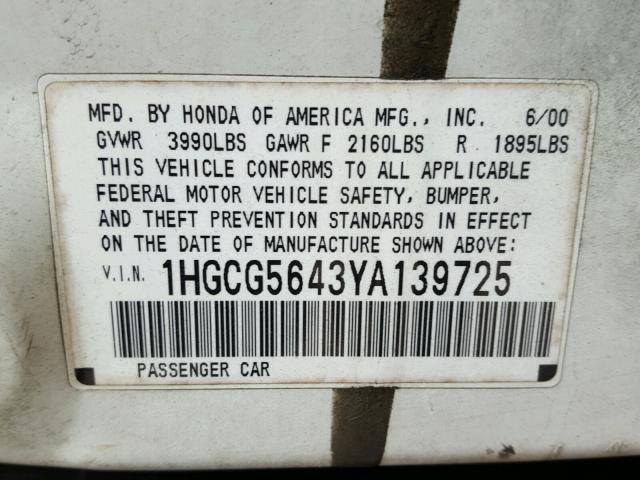 1HGCG5643YA139725 - 2000 HONDA ACCORD LX WHITE photo 10