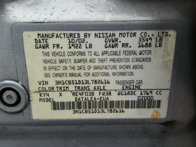 3N1CB51D13L782616 - 2003 NISSAN SENTRA XE SILVER photo 10