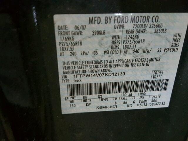 1FTPW14V07KD12133 - 2007 FORD F150 SUPER GREEN photo 10