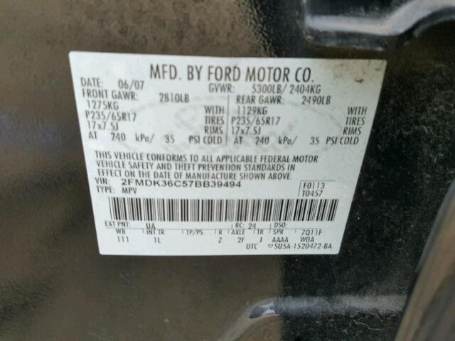 2FMDK36C57BB39494 - 2007 FORD EDGE SE BLACK photo 10