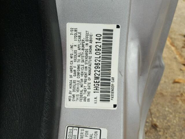 1HGEM22962L092140 - 2002 HONDA CIVIC EX SILVER photo 10