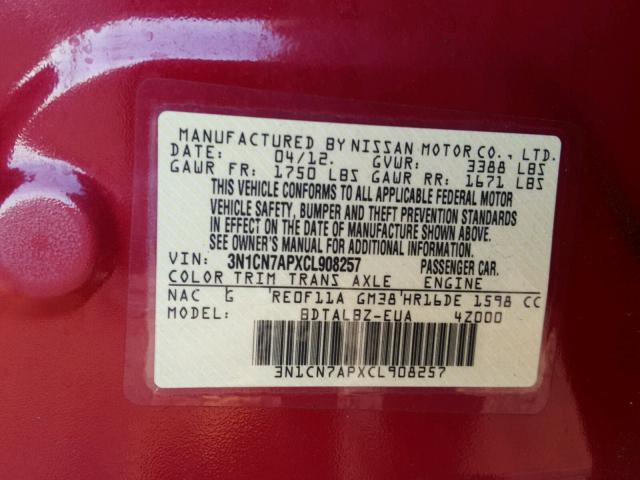 3N1CN7APXCL908257 - 2012 NISSAN VERSA S RED photo 10