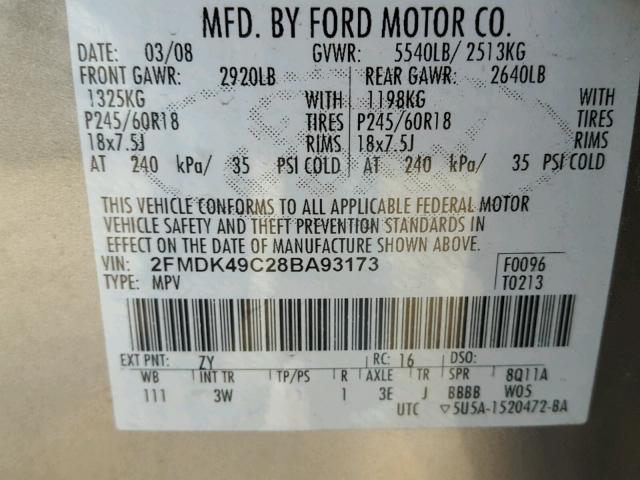 2FMDK49C28BA93173 - 2008 FORD EDGE LIMIT SILVER photo 10