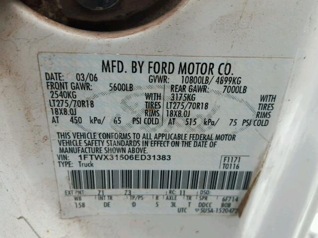 1FTWX31506ED31383 - 2006 FORD F350 SRW S WHITE photo 10