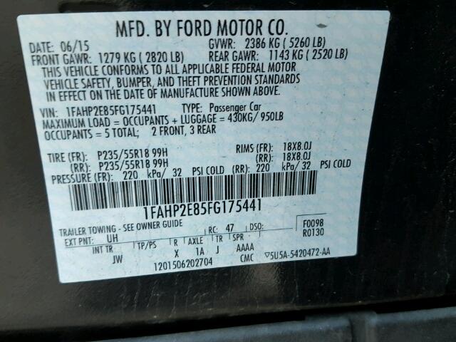 1FAHP2E85FG175441 - 2015 FORD TAURUS SEL BLACK photo 10